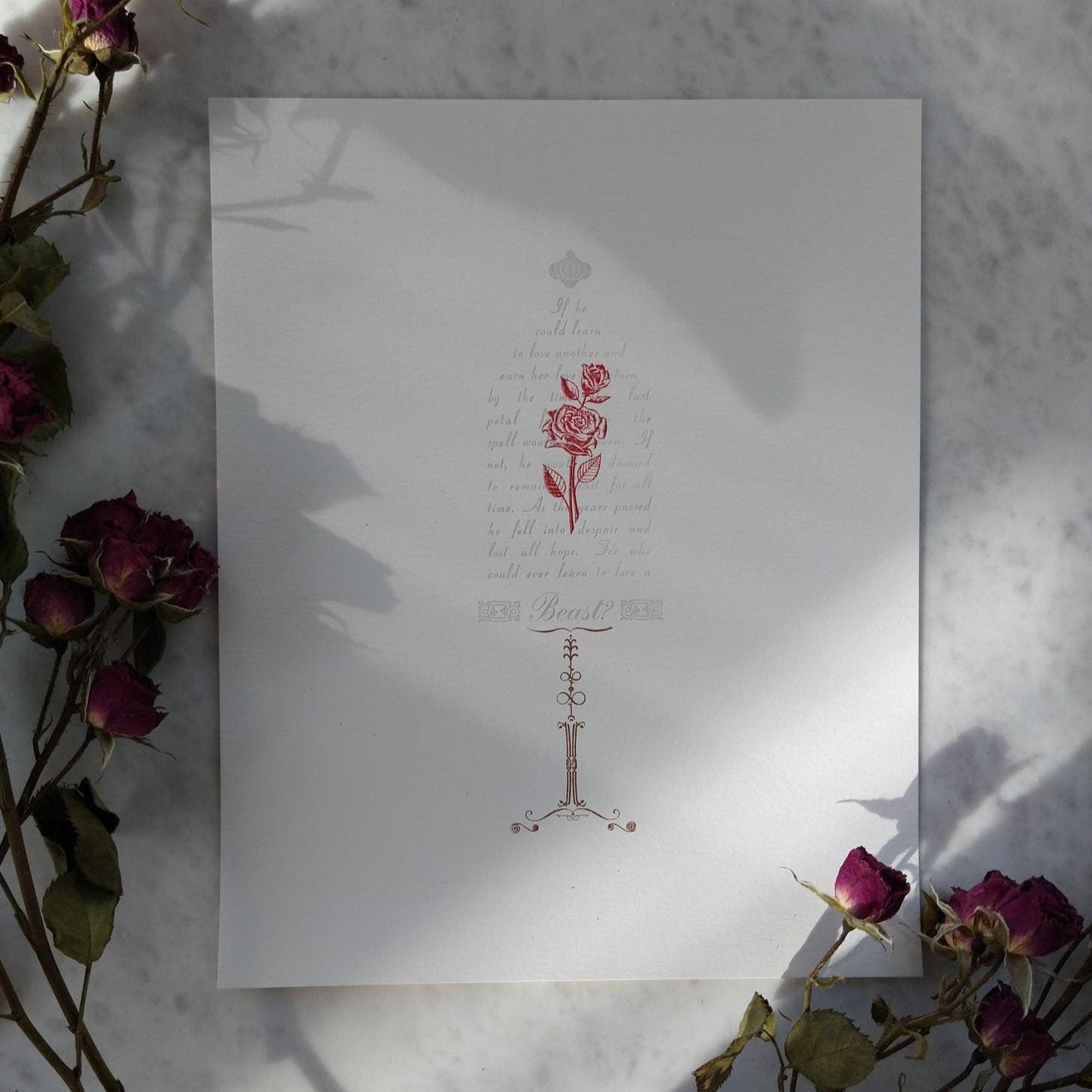 Beauty and the Beast Enchanted Rose Letterpress Print