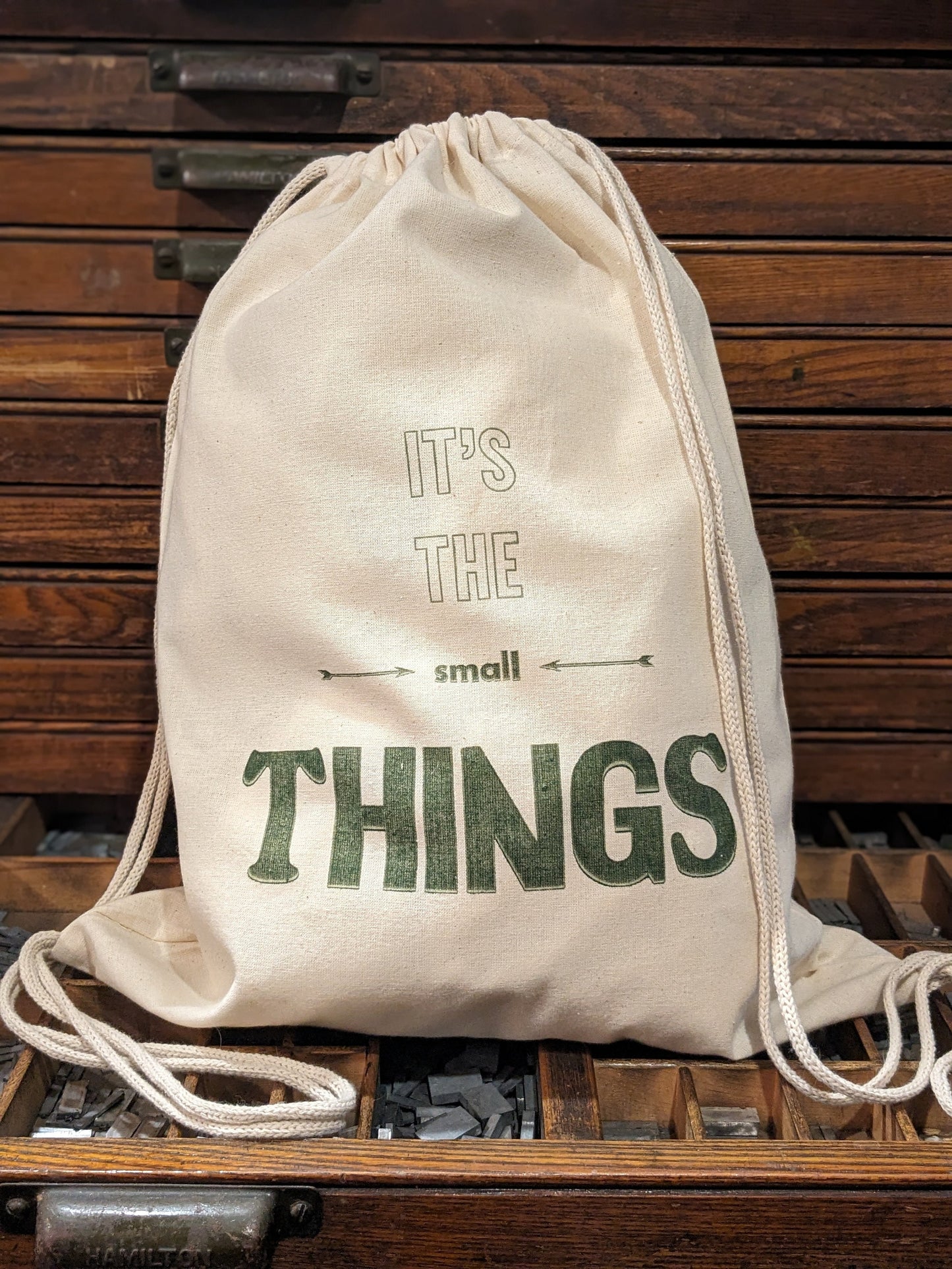 It's the Small Things Letterpress Drawstring Bag/Backpack